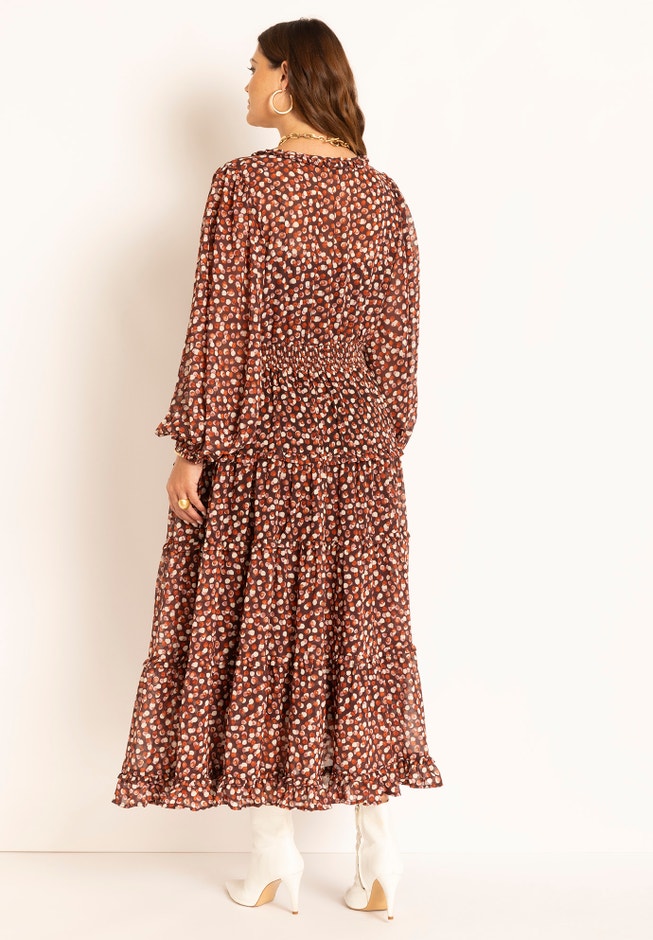 Tiered Ruffle Midi Dress With Long Sleeves image number 2