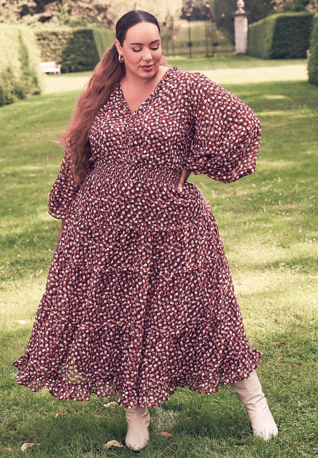 Tiered Ruffle Midi Dress With Long Sleeves image number 0