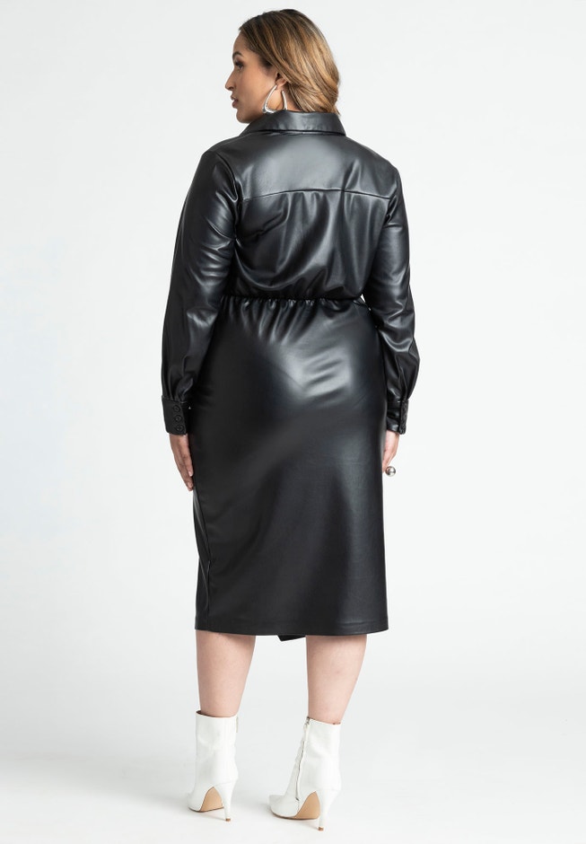 Leather Wrap Dress with Collar - Calf Length, Black Onyx | ELOQUII Leather Wrap Dress with Collar - Calf Length, Black Onyx | ELOQUII