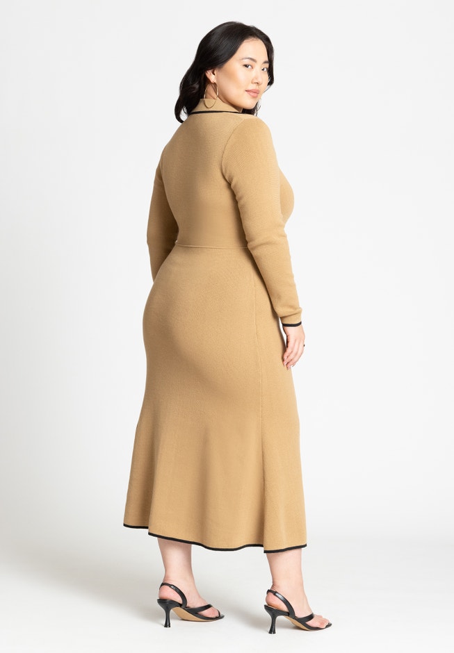 Ribbed Midi Sweater Dress with Collar, Coffee Caramel | ELOQUII Ribbed Midi Sweater Dress with Collar, Coffee Caramel | ELOQUII