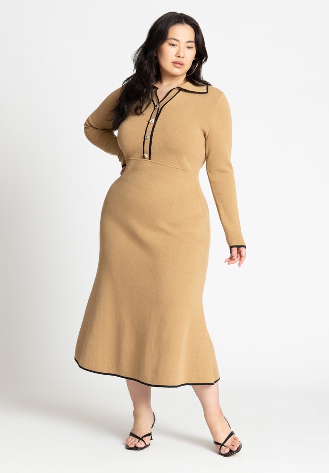 Ribbed Midi Sweater Dress with Collar, Coffee Caramel | ELOQUII Ribbed Midi Sweater Dress with Collar, Coffee Caramel | ELOQUII