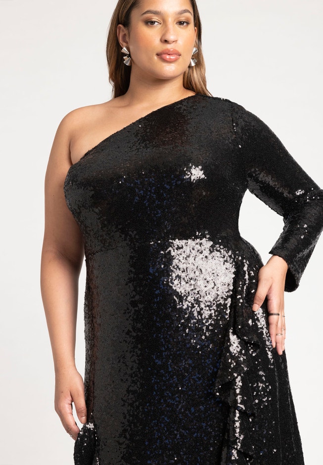 Sequin One Sleeve Maxi Dress With Slit image number 3