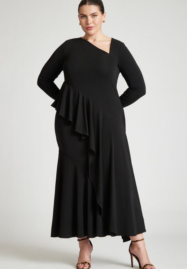 Asymmetrical Neckline Flounce Midi Dress, Black Onyx | ELOQUII Asymmetrical Neckline Flounce Midi Dress, Black Onyx | ELOQUII