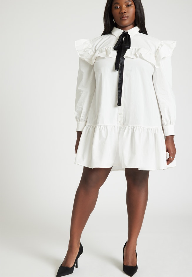 Ruffle Shirt Dress With Tie for Women, Sugar Swizzle | ELOQUII Ruffle Shirt Dress With Tie for Women, Sugar Swizzle | ELOQUII