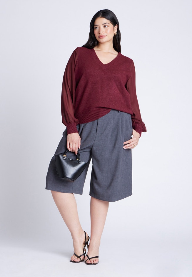 Sheer Sleeve V-Neck Sweater image number 3