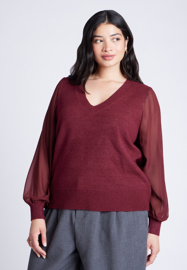 Sheer Sleeve V-Neck Sweater image number 0