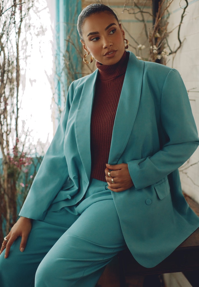 Double Breasted Longline Blazer With Shawl Collar image number null