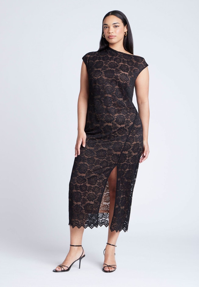 ELOQUII Women's Plus Size Lace Fitted Midi Dress, Size: 18, Black ELOQUII Women's Plus Size Lace Fitted Midi Dress, Size: 18, Black