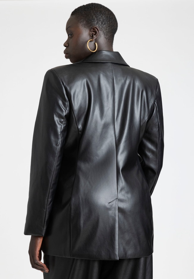 Faux Leather Cinched Waist Double Breasted Blazer image number null