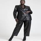 Faux Leather Cinched Waist Double Breasted Blazer image number null