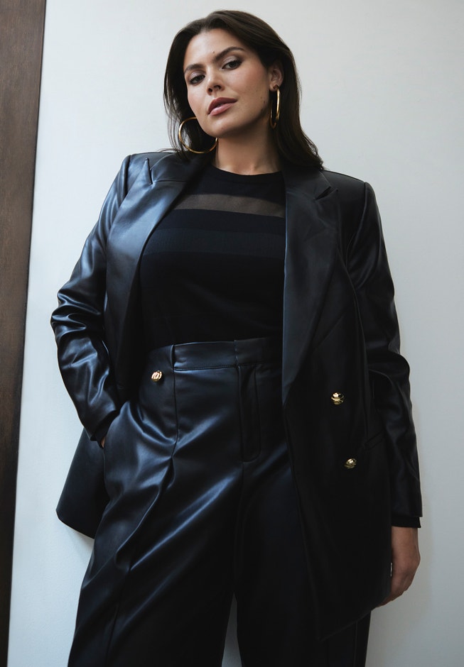 Faux Leather Cinched Waist Double Breasted Blazer image number null