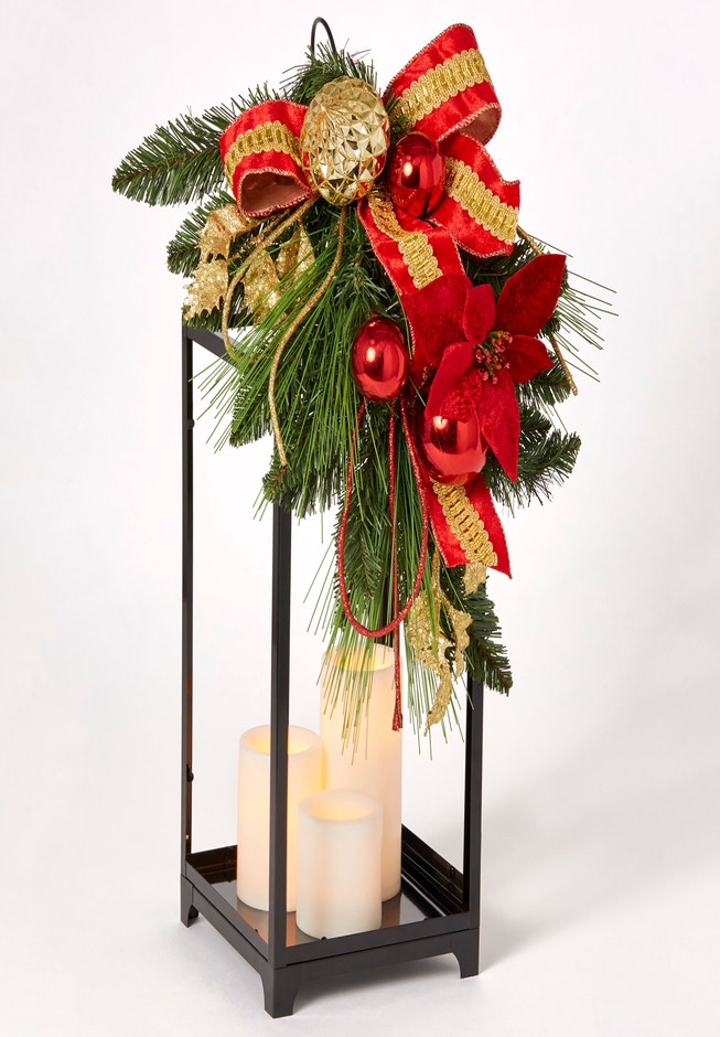 22" Red Ribbon Lantern with Candles image number 0