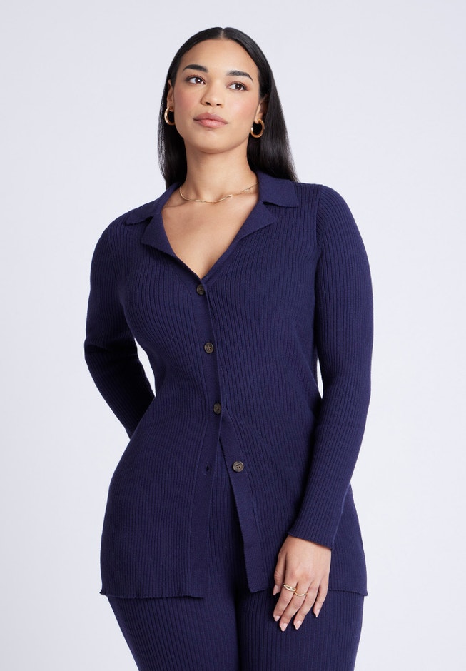 Button Front Long Ribbed Cardigan image number null