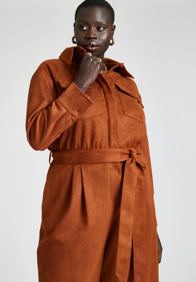 Barkwood x ELOQUII Faux Suede Jumpsuit With Belt image number null