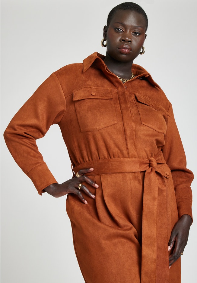 Barkwood x ELOQUII Faux Suede Jumpsuit With Belt image number null