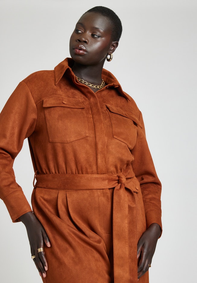 Barkwood x ELOQUII Faux Suede Jumpsuit With Belt image number null
