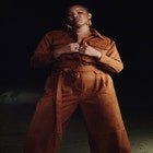 Barkwood x ELOQUII Faux Suede Jumpsuit With Belt image number null