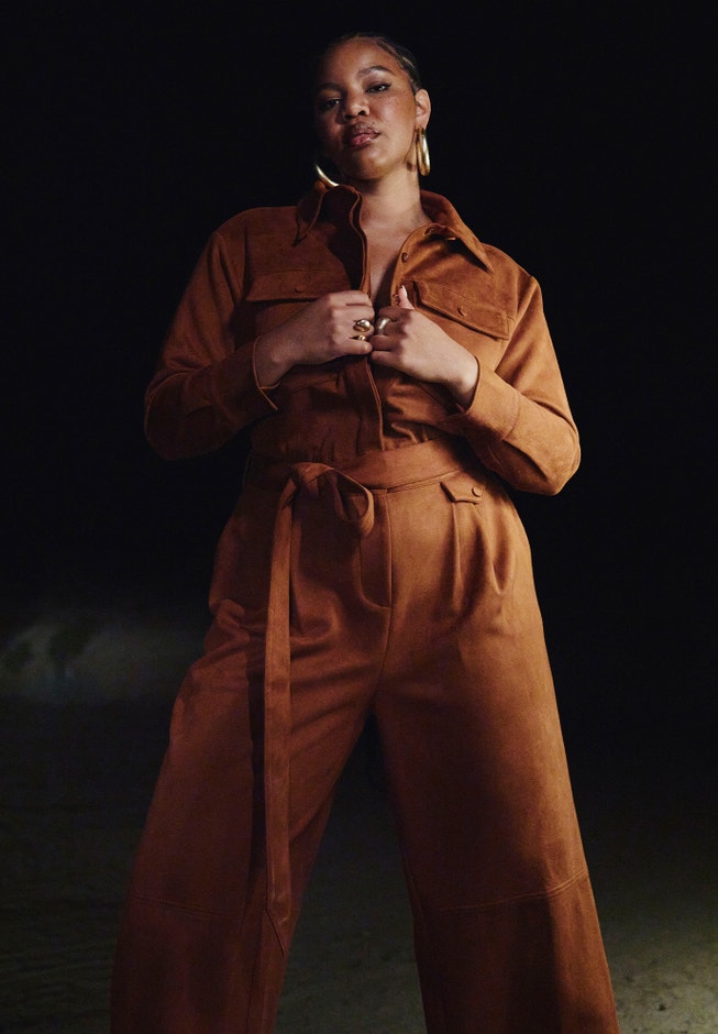 Barkwood x ELOQUII Faux Suede Jumpsuit With Belt image number null