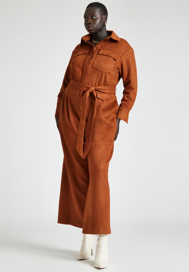 Barkwood x ELOQUII Faux Suede Jumpsuit With Belt image number null