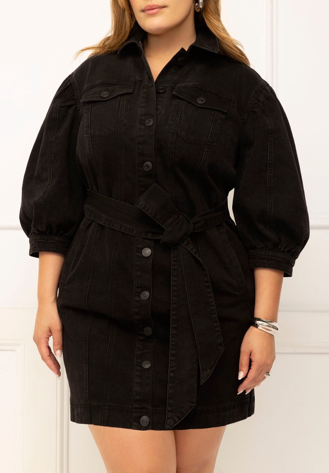 ELOQUII Elements Puff Sleeve Denim Jacket Dress image number null