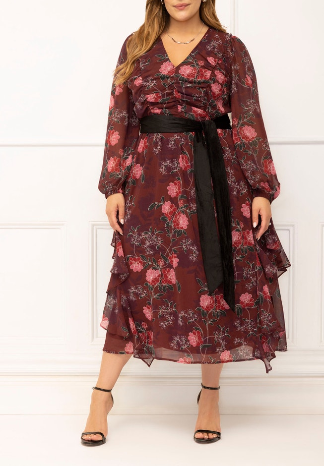 ELOQUII Elements Chiffon Midi Dress With Velvet Belt image number 1