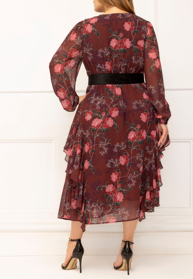 ELOQUII Elements Chiffon Midi Dress With Velvet Belt image number 2