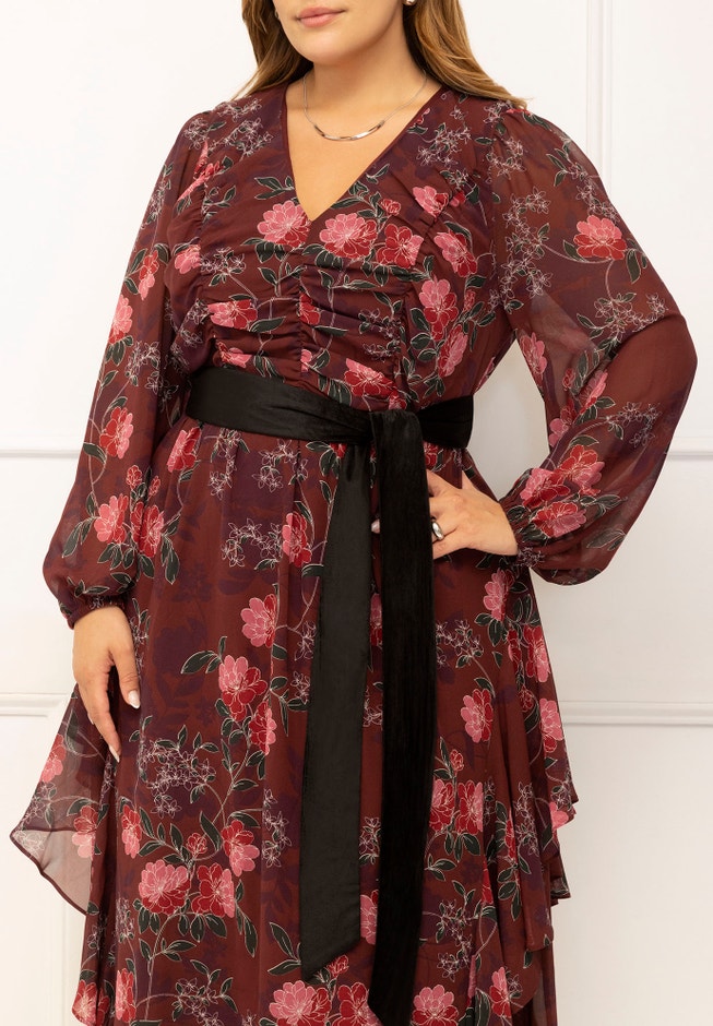 ELOQUII Elements Chiffon Midi Dress With Velvet Belt image number 3