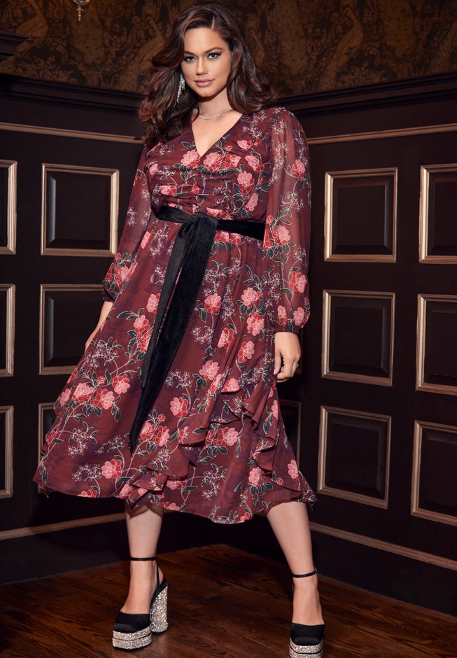 ELOQUII Elements Chiffon Midi Dress With Velvet Belt image number 0
