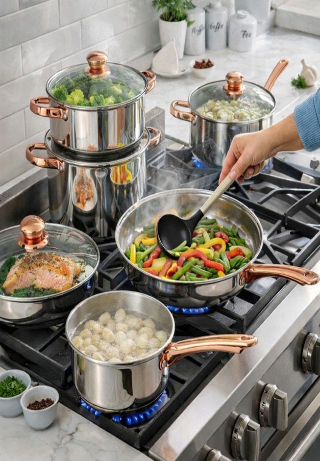 18-PC. Copper Accent Stainless Steel Cookware Set image number 1