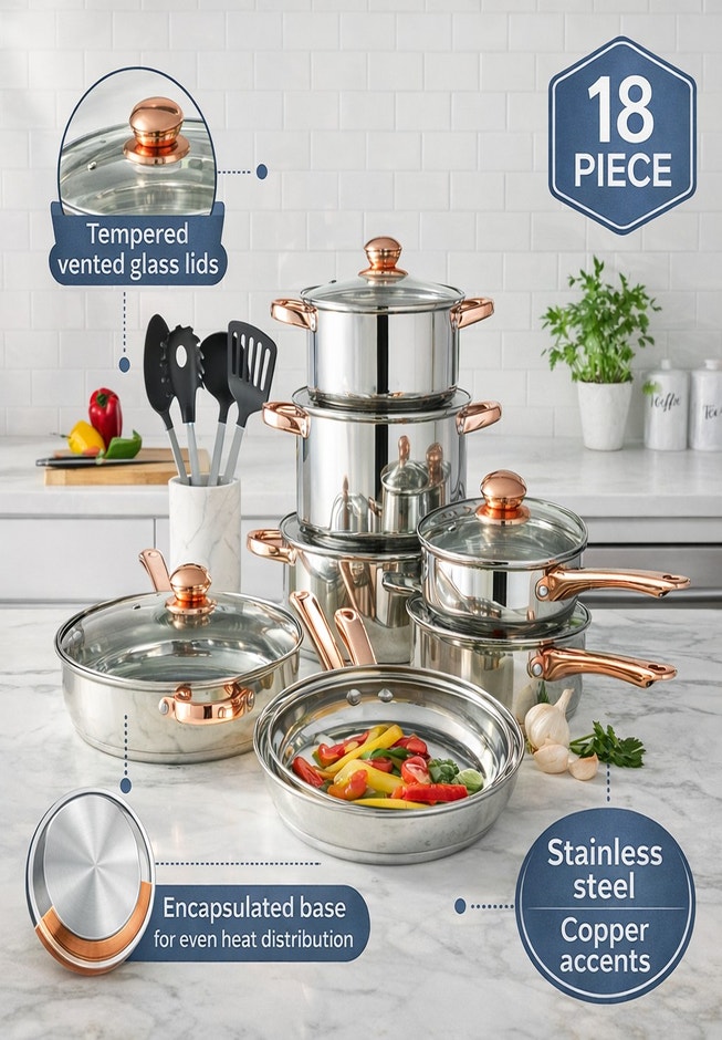 18-PC. Copper Accent Stainless Steel Cookware Set image number 2