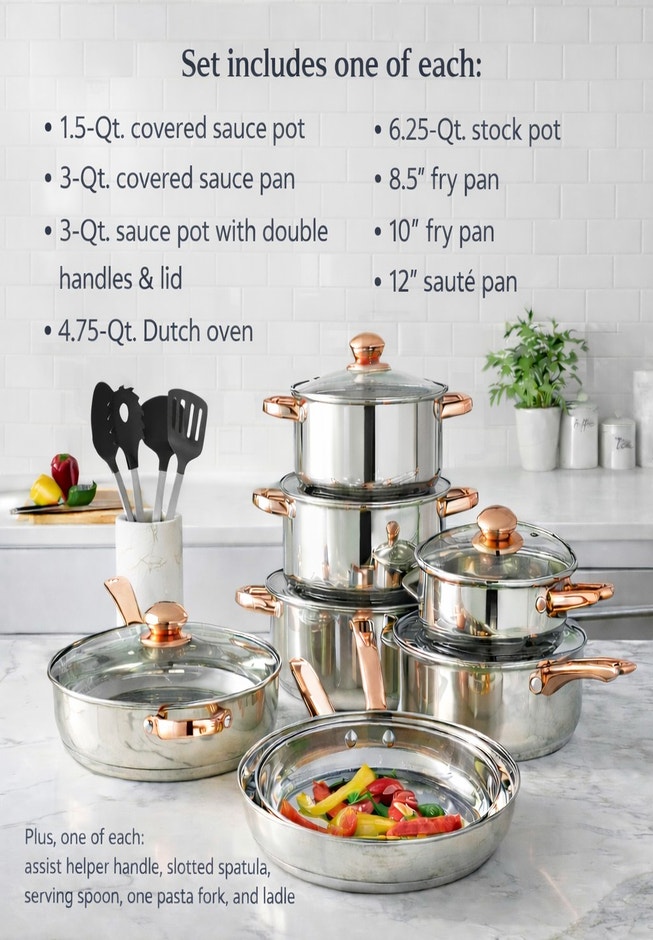 18-PC. Copper Accent Stainless Steel Cookware Set image number 4