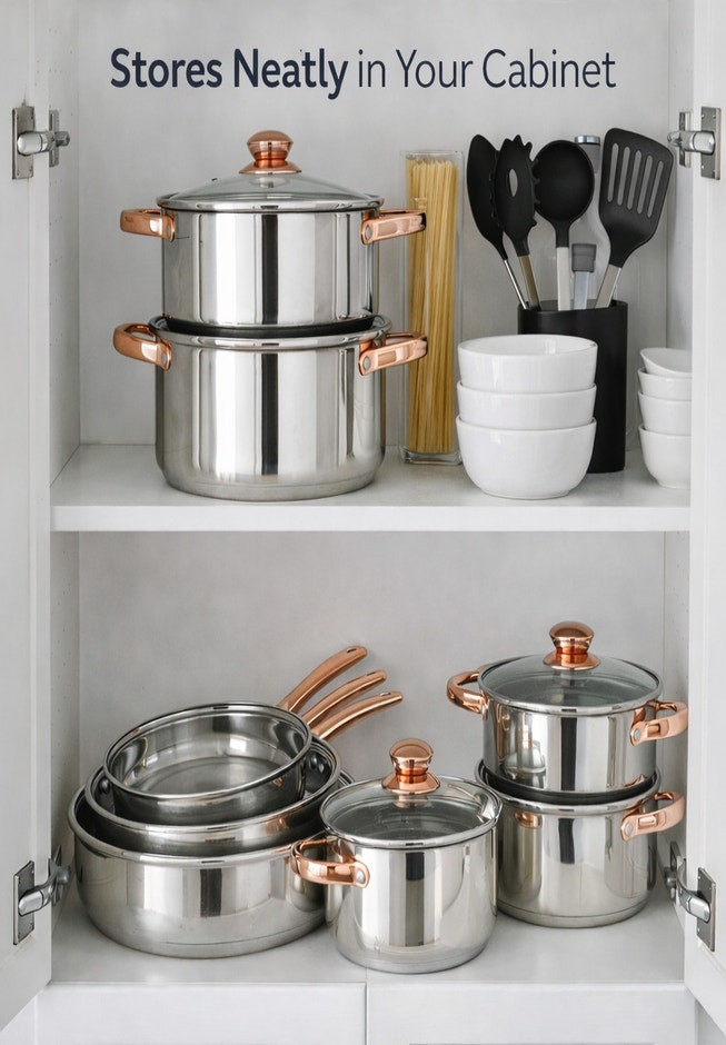 18-PC. Copper Accent Stainless Steel Cookware Set image number 6
