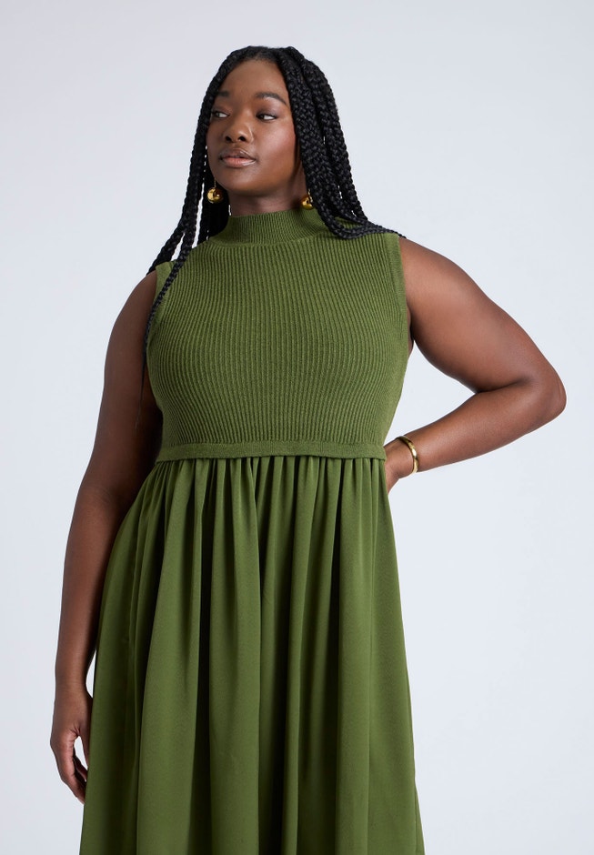 Sleevless Mockneck Twofer Midi Dress image number 2