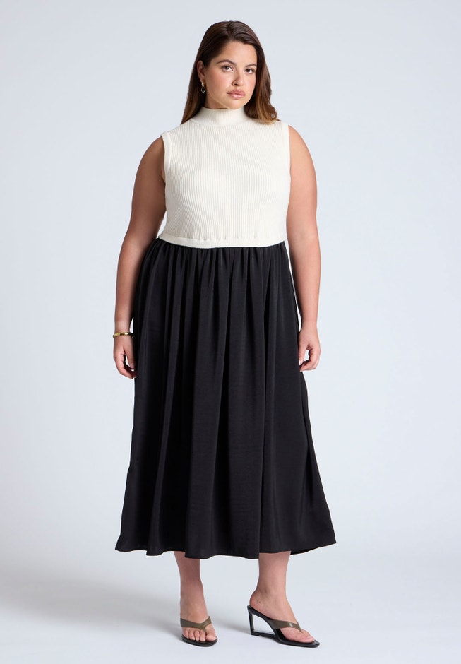 Sleevless Mockneck Twofer Midi Dress image number 1