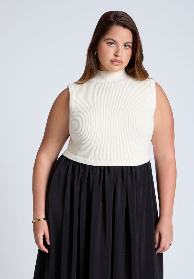 Sleevless Mockneck Twofer Midi Dress image number 3