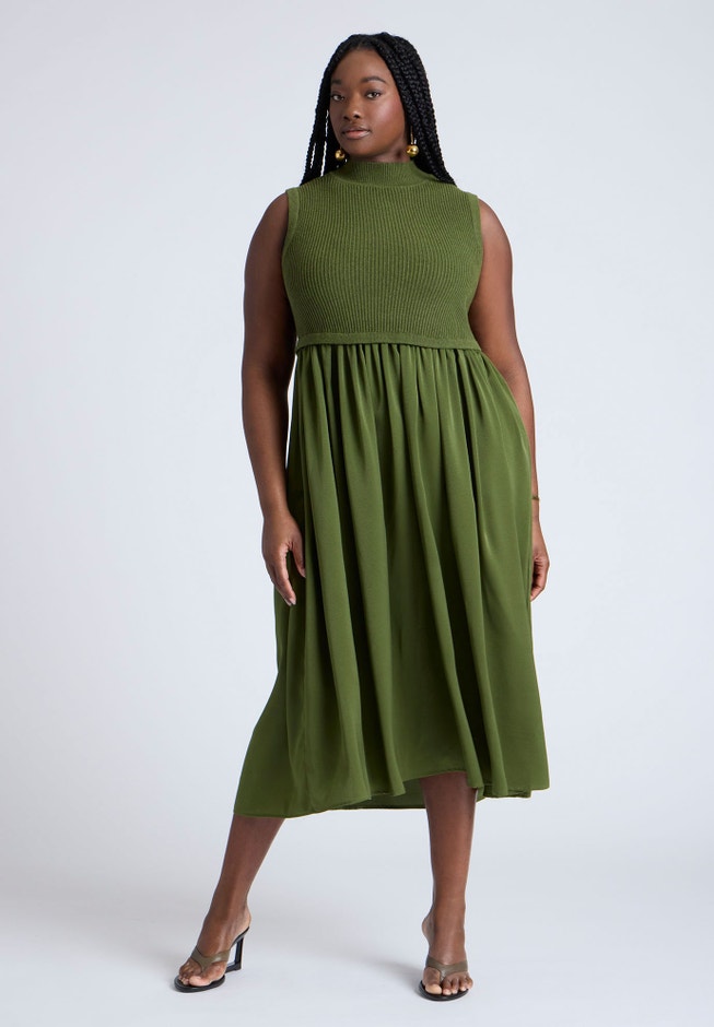 Sleevless Mockneck Twofer Midi Dress image number 0