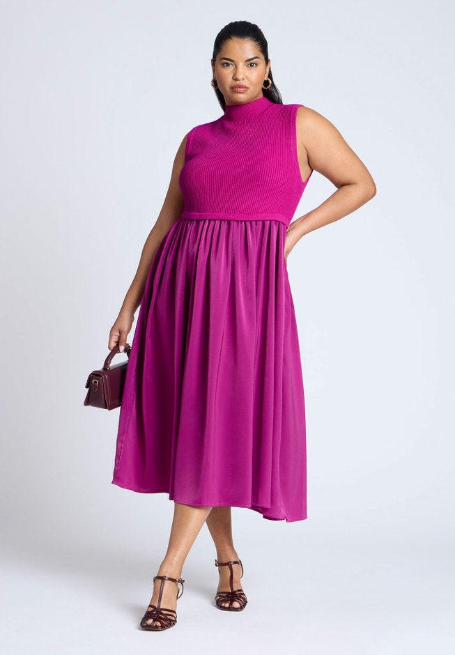 Sleevless Mockneck Twofer Midi Dress image number 0