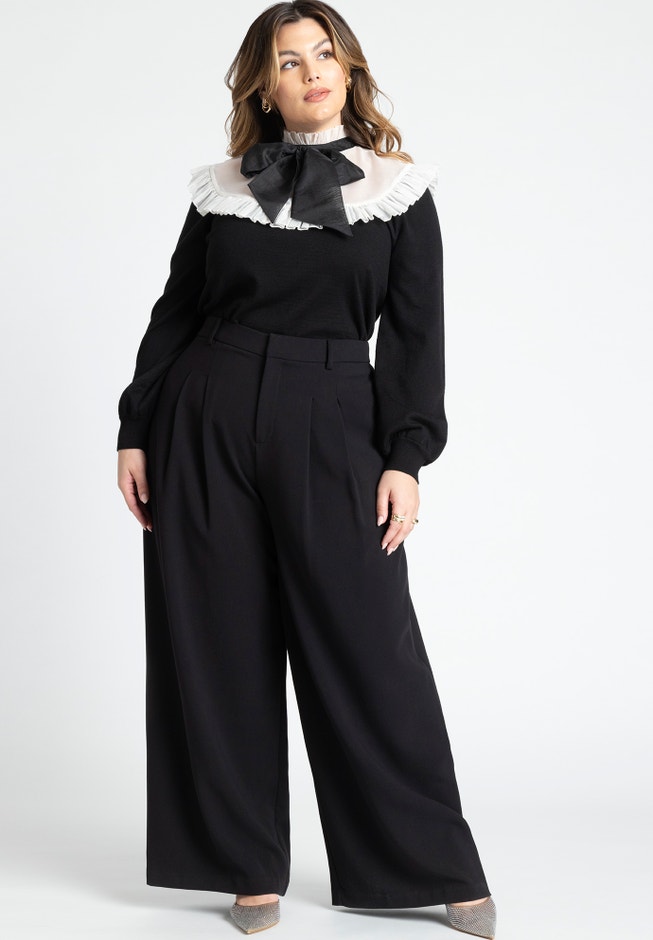 Sheer Yoke Sweater With Tie Neck image number 2