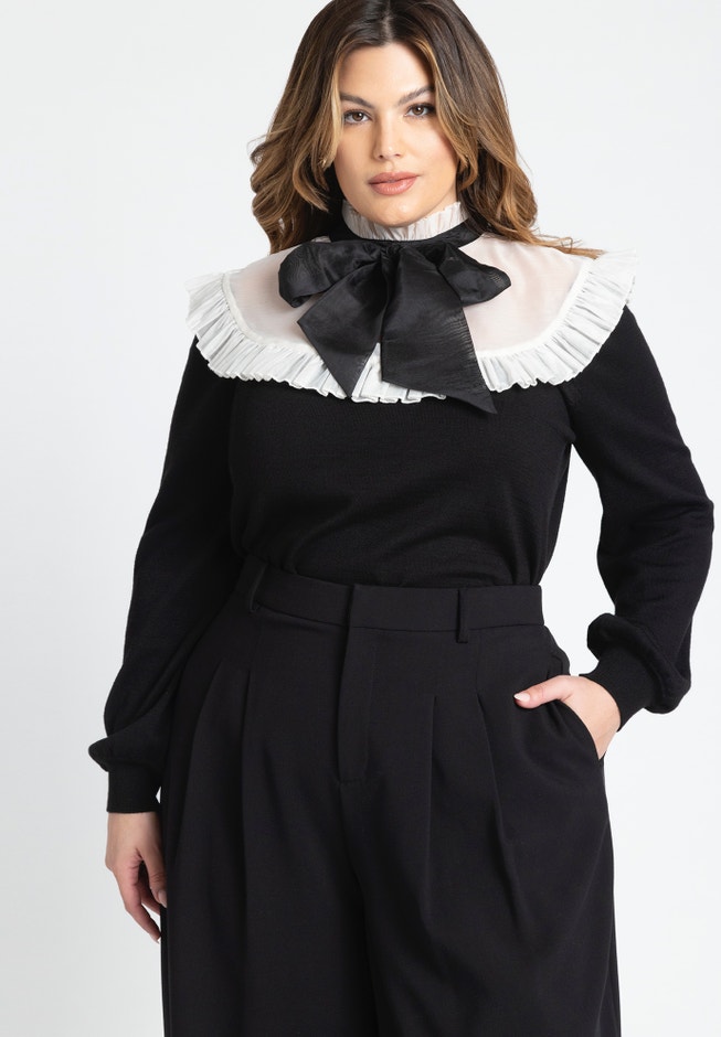 Sheer Yoke Sweater With Tie Neck image number 0