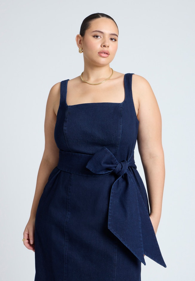 Tie Detail Denim Midi Dress image number 3