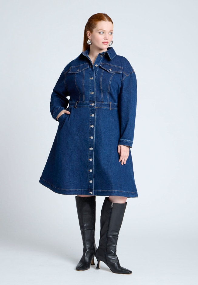Denim Fit And Flare Shirt Dress image number 0
