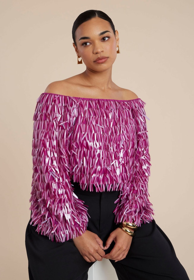 Fringe Sequin Off The Shoulder Top image number null