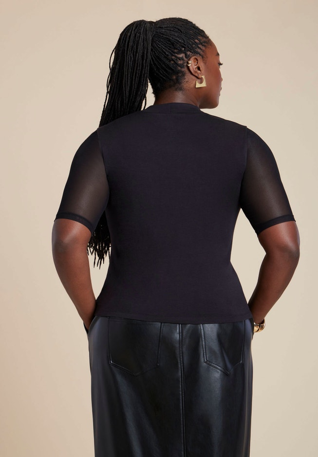 Shirred Mockneck Top With Sheer Sleeve image number 1