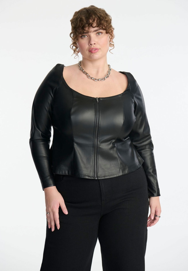 Faux Leather Zipper Peplum Top image number 0