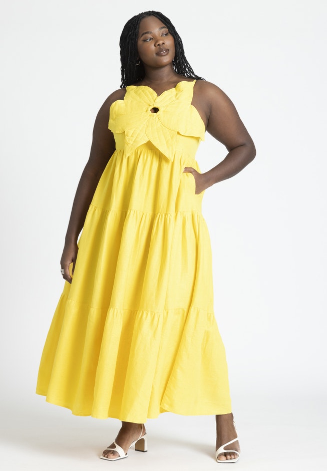 Floral Bustier Maxi Dress with Pockets, Sunshine Yellow | ELOQUII Floral Bustier Maxi Dress with Pockets, Sunshine Yellow | ELOQUII
