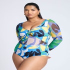 Tie Front Mixed Media One Piece Swimsuit image number null