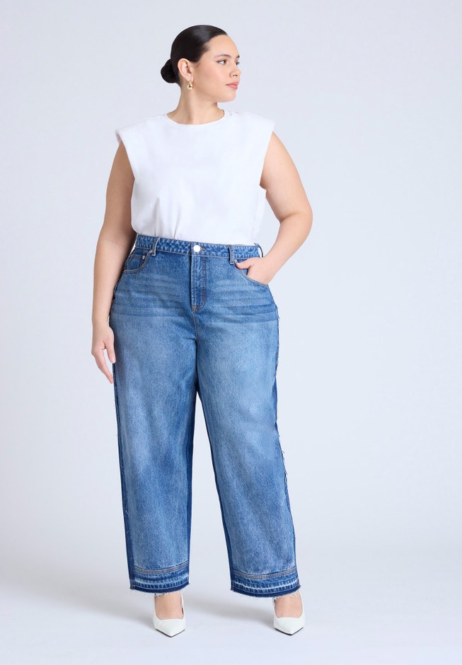 Two Tone High Rise Straight Leg Jean  image number 0