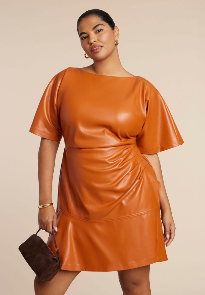 Plus Size Women's Drapey Faux Leather Mini Dress by ELOQUII in Cherry Wood (Size 28) Plus Size Women's Drapey Faux Leather Mini Dress by ELOQUII in Cherry Wood (Size 28)