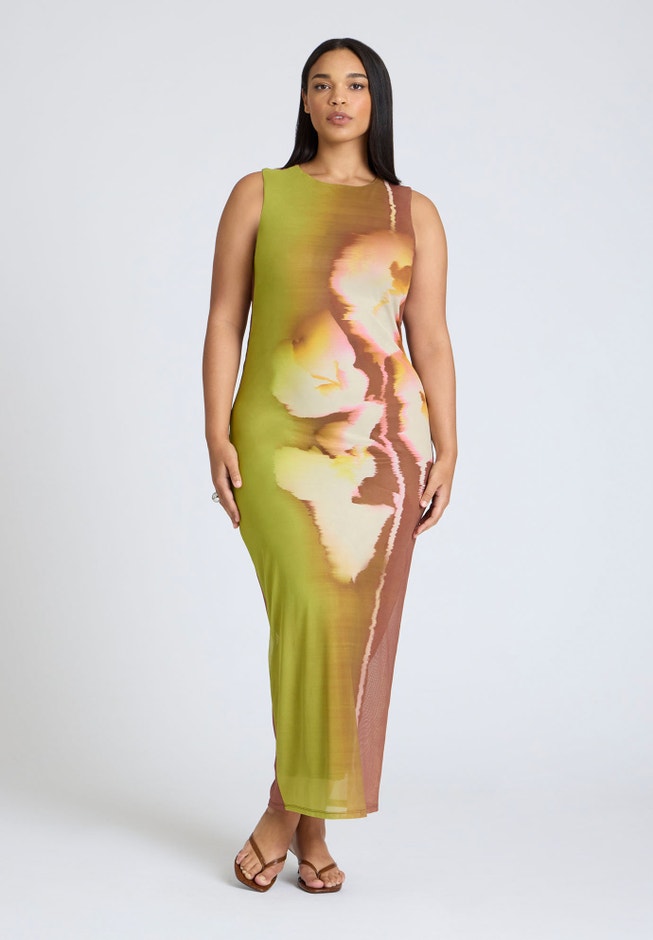 Printed Mesh Dress With Shirring image number 1