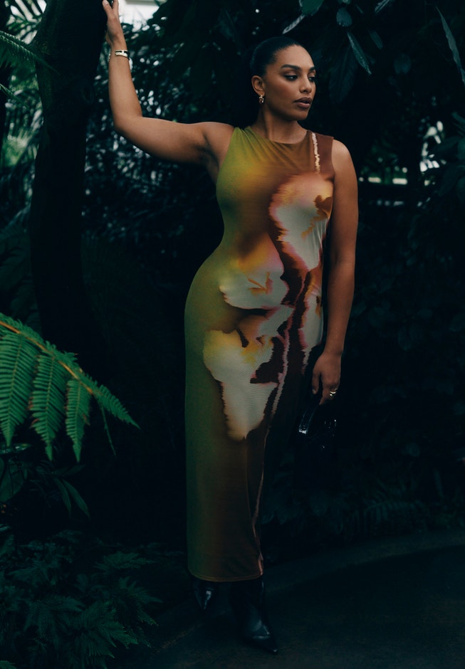 Printed Mesh Dress With Shirring image number 0